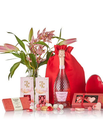 Valentinspakke 2 m/ vin, champagnetrøfler, mandler, chokolade & marcipan
