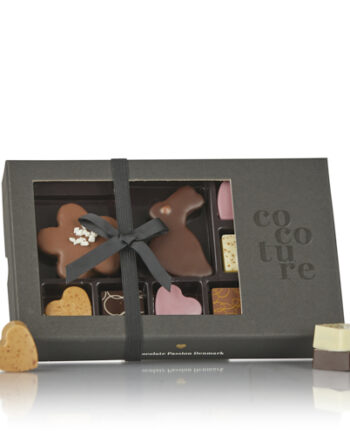 Mix af fyldte chokolader & påske marcipanfigurer i sort Cocoture æske - 121g