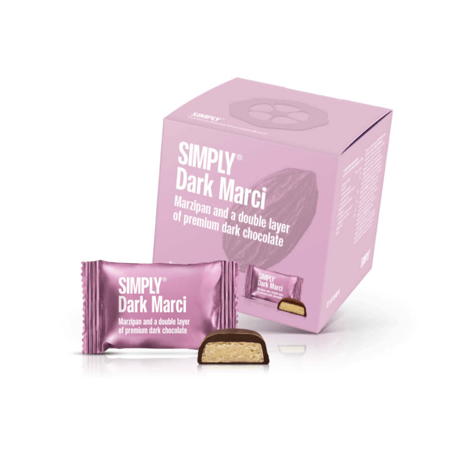 Simply® Dark Marci - Cube med bites | Marcipan og et dobbelt lag premium mørk chokolade