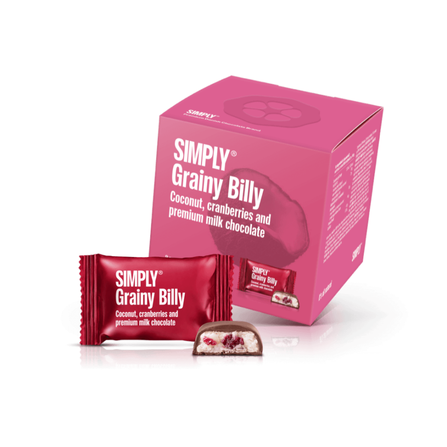 Simply® Grainy Billy - Cube med bites | Kokos, tranebær og premium mælkechokolade