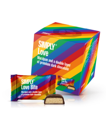 Simply® Love - Cube med bites | Marcipan dobbeltovertrukket med premium mørk chokolade