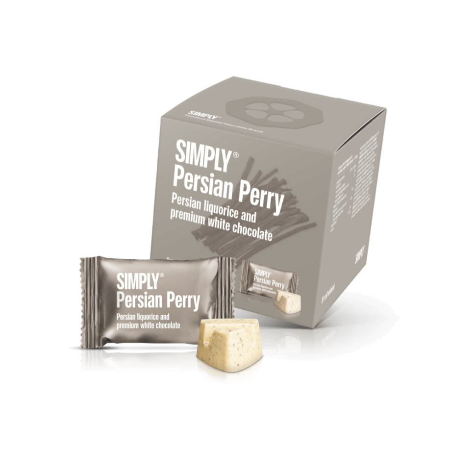 Simply® Persian Perry - Cube med bites | Persisk lakrids og premium hvid chokolade