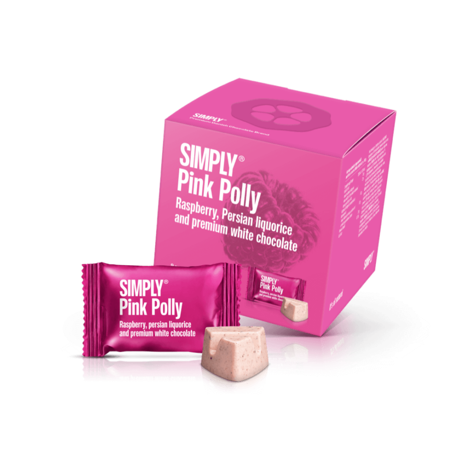Simply® Pink Polly - Cube med bites | Hindbær, persisk lakrids og premium hvid chokolade